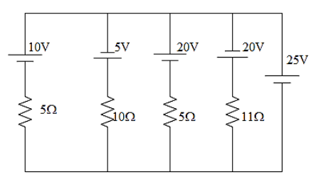 In the circuit shown in the figure, the current flowing through $25V ...