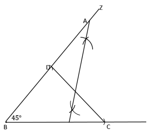 Construct a triangle ABC in which BC = 8cm, $\\angle B={{45}^{\\circ ...