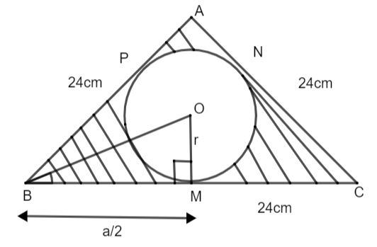 In an equilateral triangle of side 24cm, a circle is inscribed touching ...