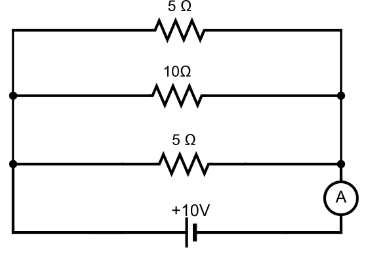 Calculate the current shown by the ammeter in the circuit. \n \n \n \n \n