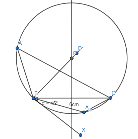 Construct a triangle ABC in which $BC=6cm$, $\\angle A={{45}^{\\circ ...