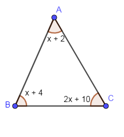 The measures of the angles of a triangle are $x+2,x+4\\And x+10$ then ...