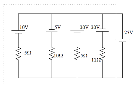 In the circuit shown in the figure, the current flowing through $25V ...