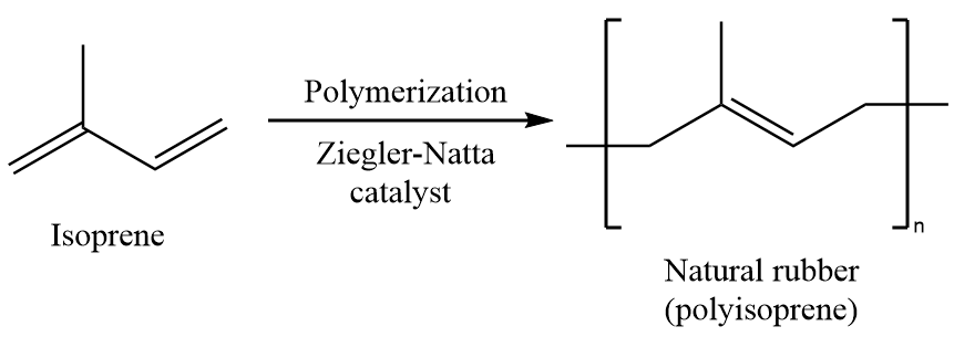 Write the name and the structure of the monomer of natural rubber polymers.