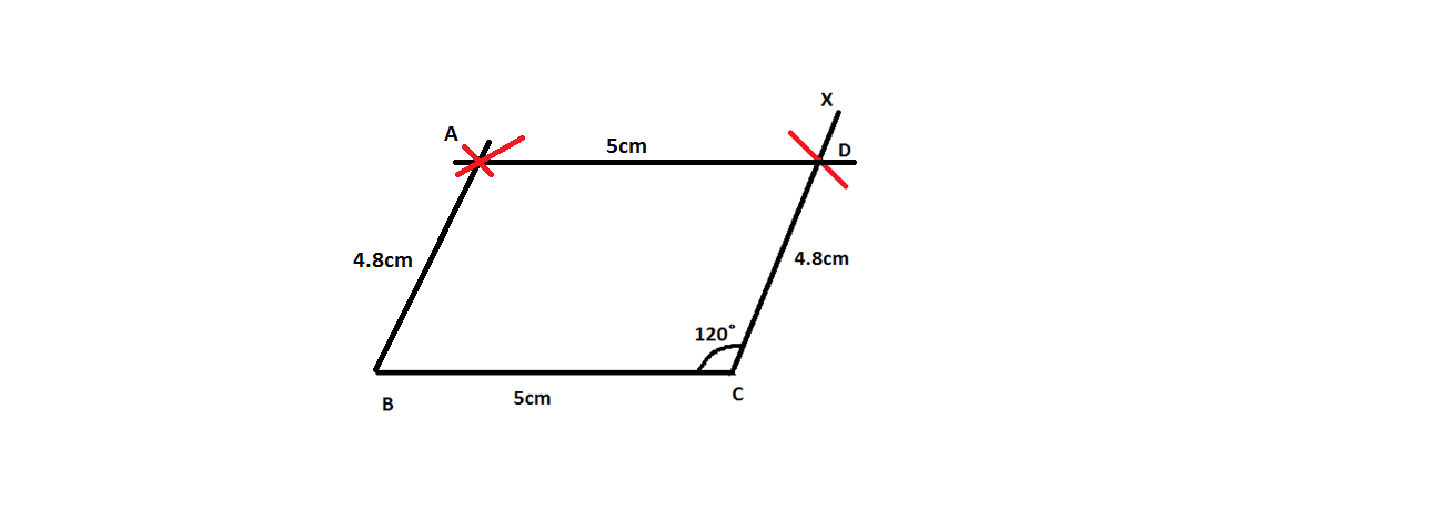 Construct a parallelogram ABCD in which $BC = 5cm$,$\\angle BCD = {120 ...