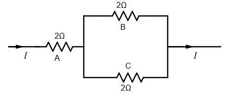 Three Resistors $2\\Omega$, A, B And C, Are Connected As Shown In Figure. Each Of Them ...