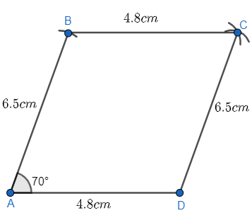 Steps for the construction of a parallelogram ABCD with sides AB =4 cm and  AD =5 cm and angle A =60∘ are given below.Choose the correct order.1. Construct  a line segment AB =