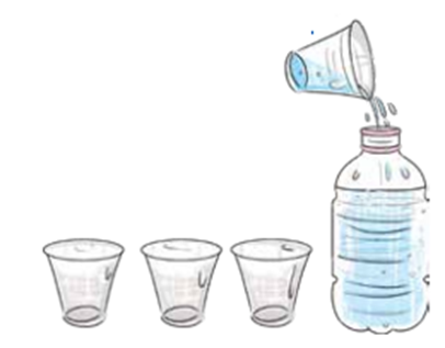 4 glasses of water being poured in a bottle