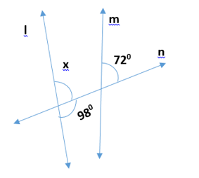 Adjoining figure of lines l and m with 98, 72 and x degrees