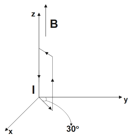 A uniform magnetic established along the positive z-direction with a rectangular loop placed in the xz plane with an angle of 240 degree with x axis