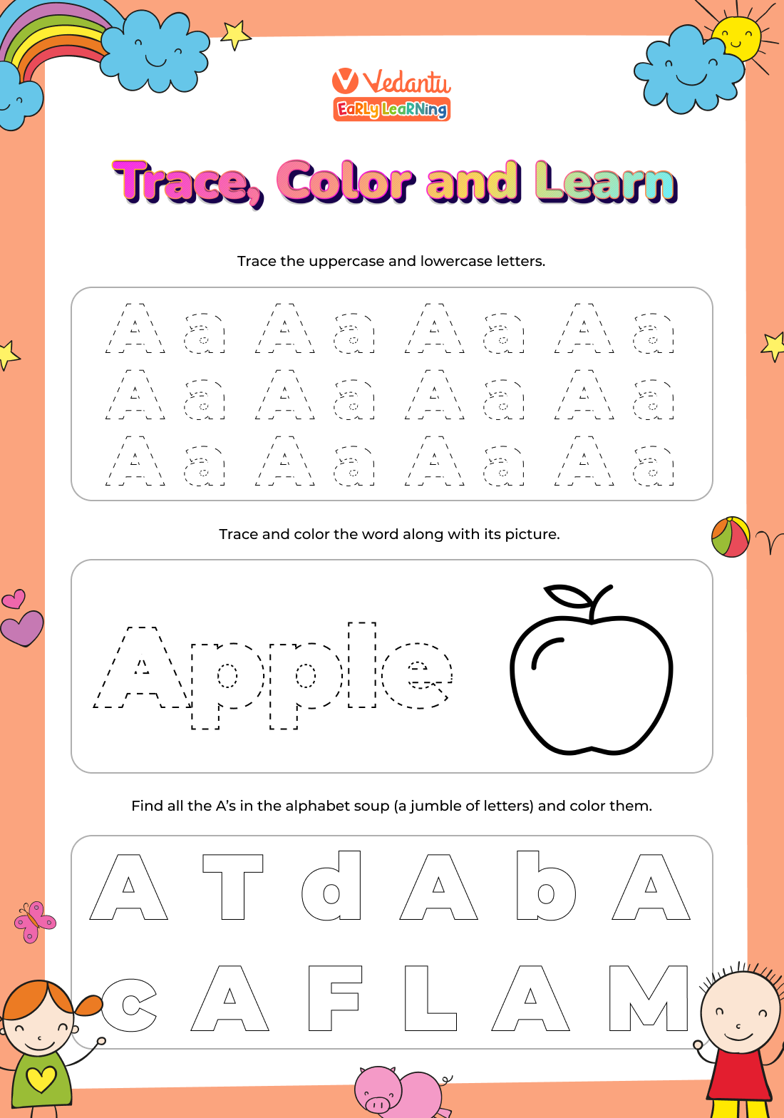 Worksheet 1: Color and Trace Alphabet and Words