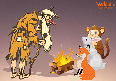 A Fox, a Rabbit, a Monkey, and a Beggar Standing by the Fire