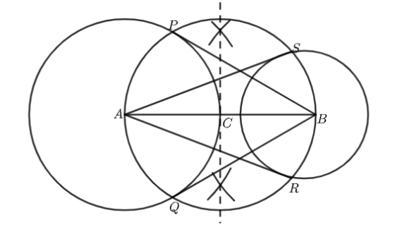 Two circles on the line segments A and B with all tangents