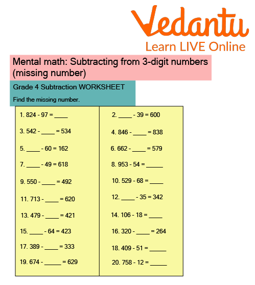 Missing Number Subtraction Worksheet