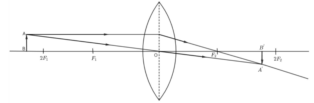 A ray diagram representing a real & inverted and diminished
