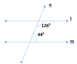 Adjoining figure, of two lines l,m along with interior angles 126 and 44 degrees