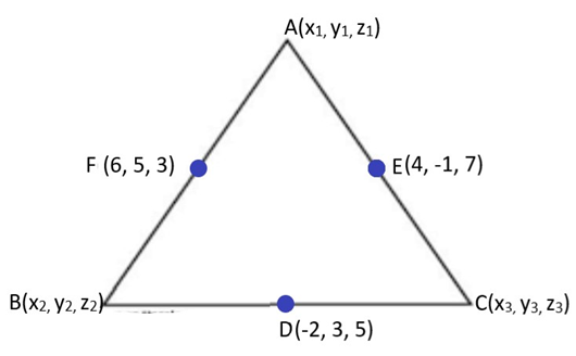 The mid points of the sides of $\vartriangle ABC$ are given by $( - 2,3,5),(4, - 1,7)$ and $(6,5,3)$ find the co-ordinate of ${\text{A}},{\text{B}}$ and${\text{C}}$.