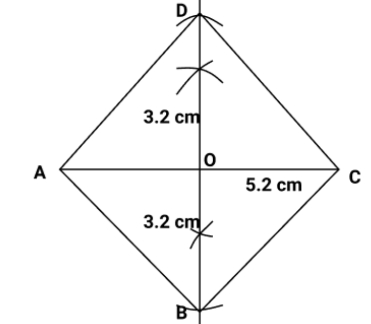 A rhombus ABCD with BD=6.4 cm, AC=5.2 cm