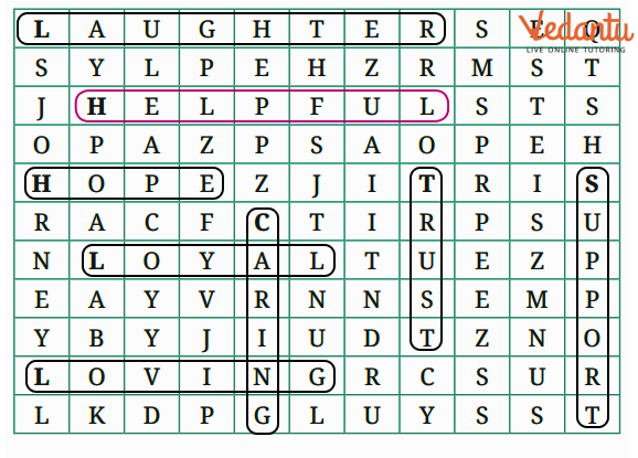 Answer of words that are related to friendship from the grid