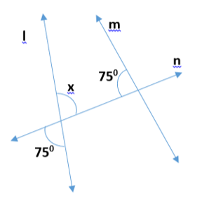 Adjoining figure, of two lines l,m along with transversal n with angles 75 degrees