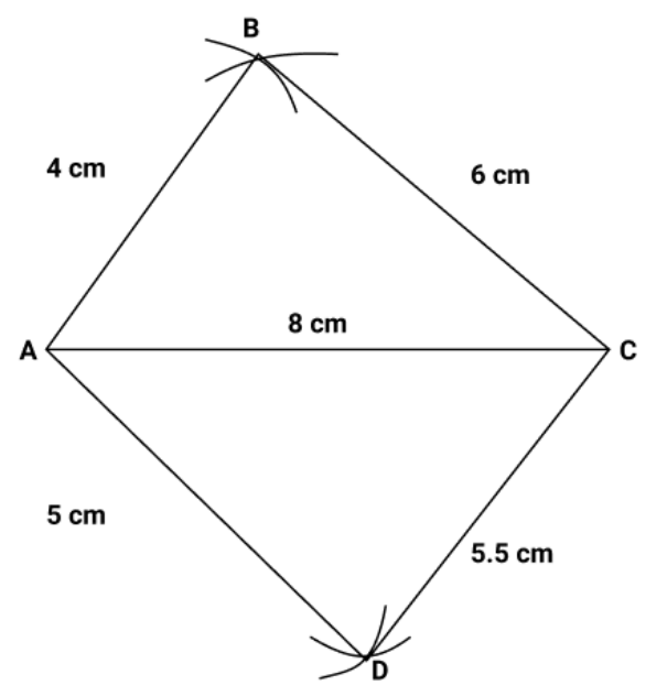 A quadrilateral ABCD with AB=4 cm, BC=6 cm, CD=5.5 cm, AD=5 cm
