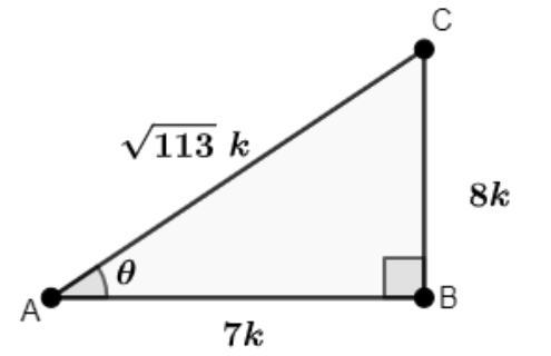A triangle ABC right angled at B and angle A is 𝛳, sides AB=7k, BC=8k and AC=113k