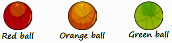 red ball, orange ball, and green ball