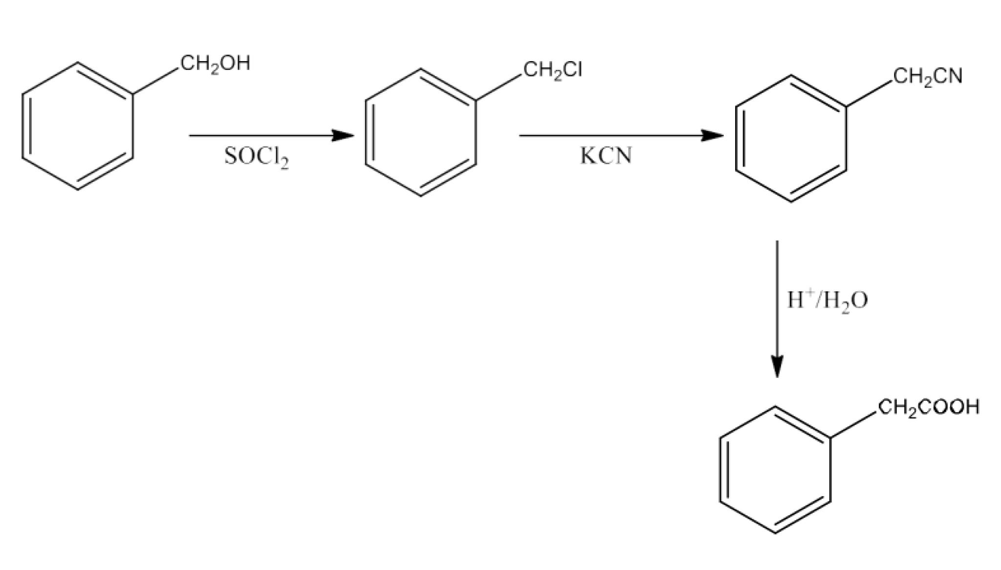 Benzyl alcohol to 2-phenylethanoic acid