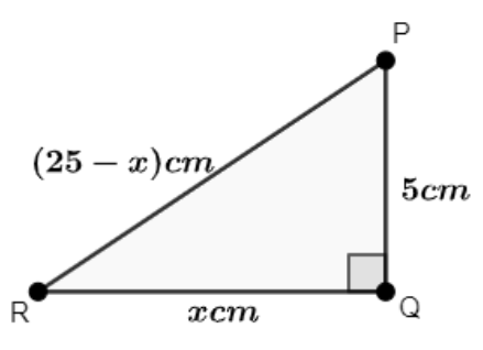 A triangle PQR right angled at Q and sides PQ=5cm, QR= x cm and PR=(25-x) cm