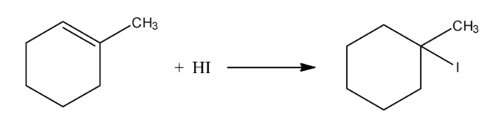 Complete reaction between 1-Methyl cyclohexene and Hydrogen iodide