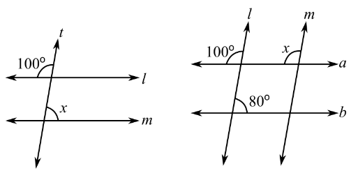 A set of two figures having two parallel lines l and m and a and b