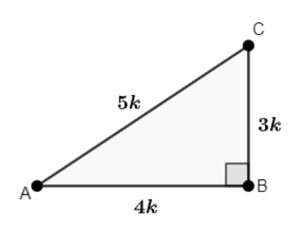 A triangle ABC right angled at B and sides AB=4k, BC=3k and AC=5k