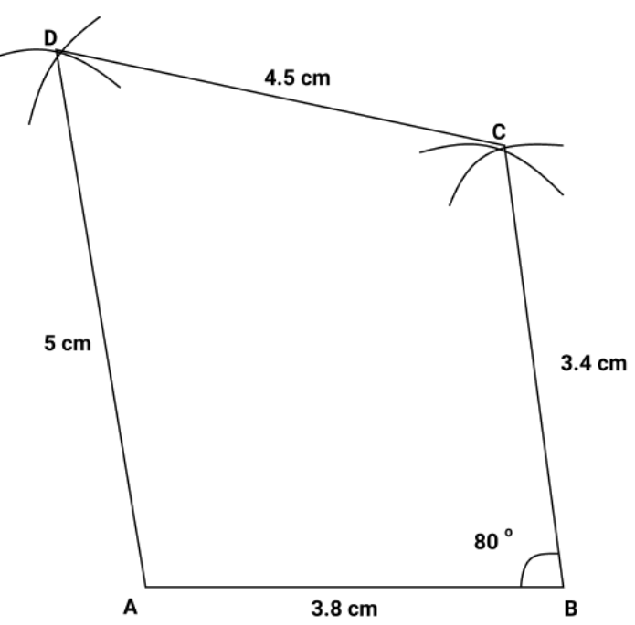 A quadrilateral ABCD with AB=3.8 cm, BC=3.4 cm, AD=5 cm