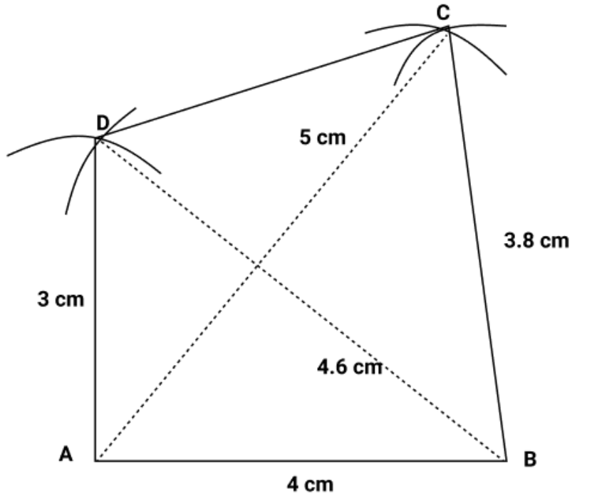 A quadrilateral ABCD with AB=4 cm,BC=3.8 cm, AC=5 cm, BD=4.6 cm