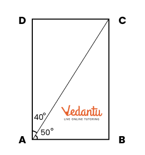 rectangle with diagonals dividing opposite angles into 50 degrees and 40 degrees