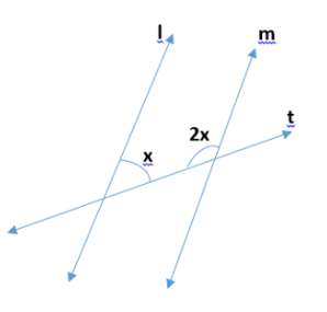 Adjoining figure, l parallel to m with angles x,2x