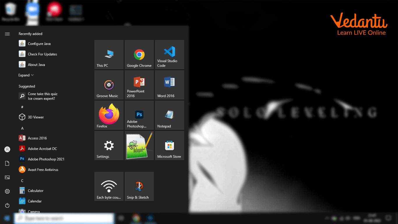 The Start Menu of Windows 10