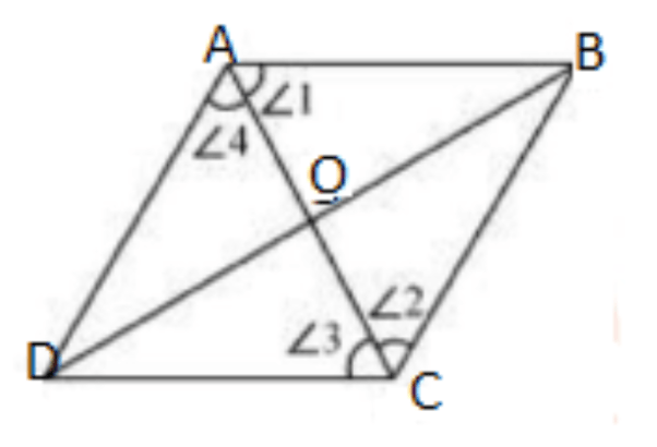 Rhombus ABCD, angle 1 = angle 4 and angle 3 = angle 2