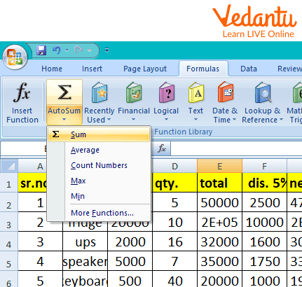 Autosum tool in MS Excel