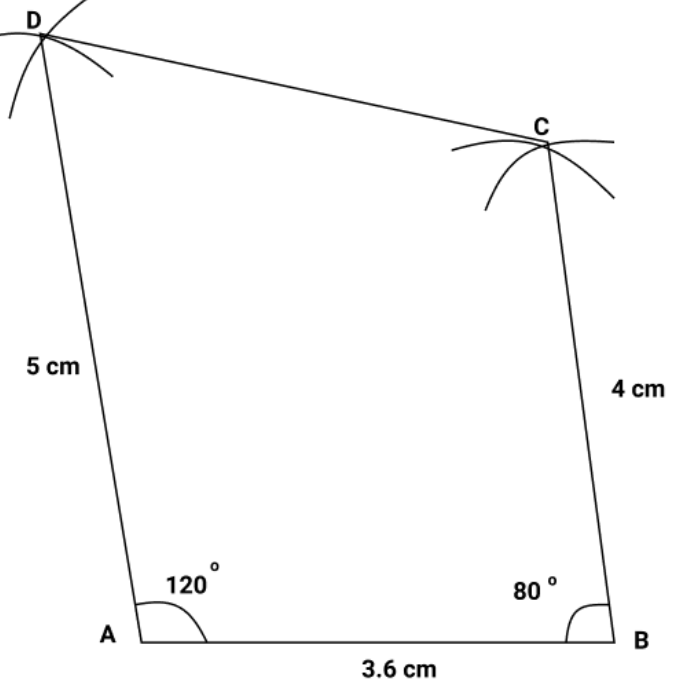 A quadrilateral ABCD with AB=3.6 cm, BC=4 cm, AD=5 cm