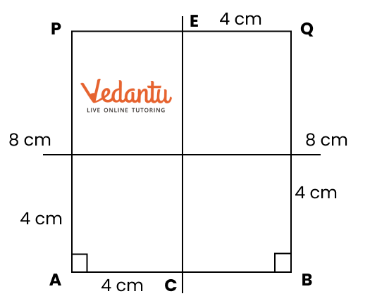 mark points C, D, E, and F such that AC = 4 cm, BD = 4 cm, QE = 4 cm, and PF = 4 cm