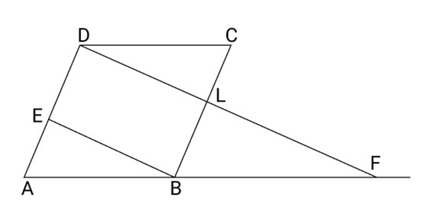 ABCD is a parallelogram in which $E$ is mid-point of AD. ${\text{DF}}\parallel {\text{EB}}$ meeting AB produced at ${\text{F}}$ and ${\text{BC}}$ at ${\text{L}}$