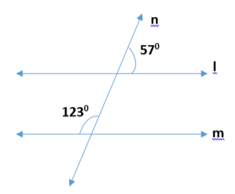 Adjoining figure of lines l and m with vertical opposite angles 123 and 57 degrees