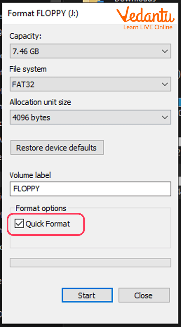 Floppy Disk formatting Dialog Box