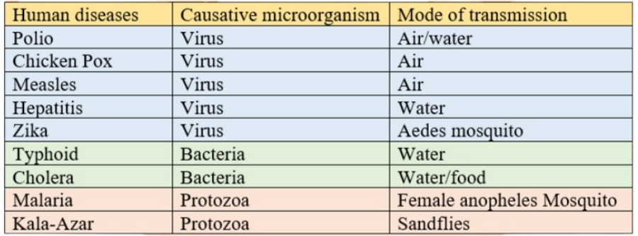 The mode of transmission, type of microorganism, the disease caused by these microorganisms, and their prevention