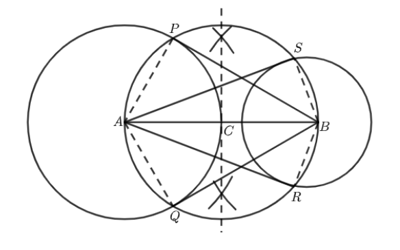 Two circles on the line segments A and B with all tangents justified