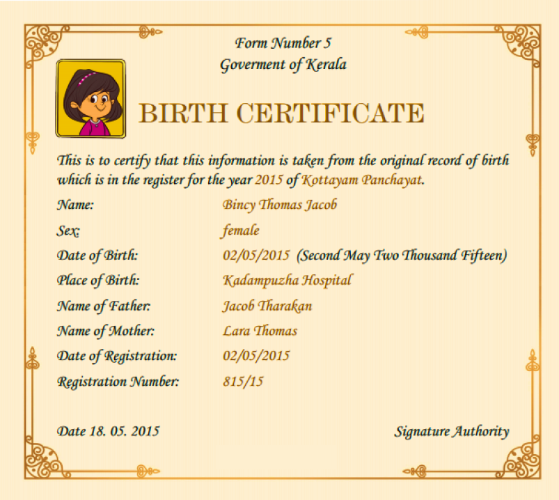 the birth certificate of Bincy