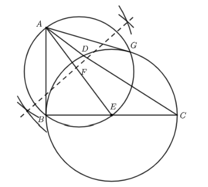 Two circles with centre E and F and with tangent AB and AG