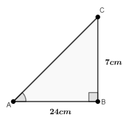 A right triangle ABC with AB=24cm and BC=7cm