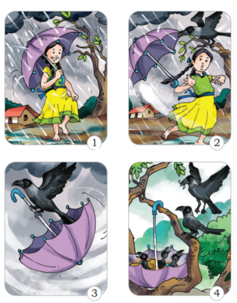 Making a story by using the given image (A little girl with her colourful umbrella)